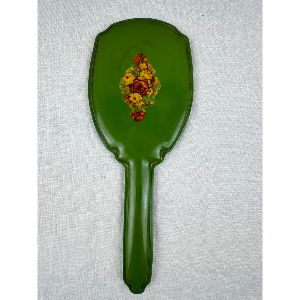 Vintage Green Floral Hand Mirror Mid Century Celluloid Cottagecore Vanity Decor